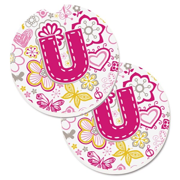 Carolines Treasures Letter U Flowers and Butterflies Pink Set of 2 Cup Holder Car Coaster CJ2005-UCARC - main